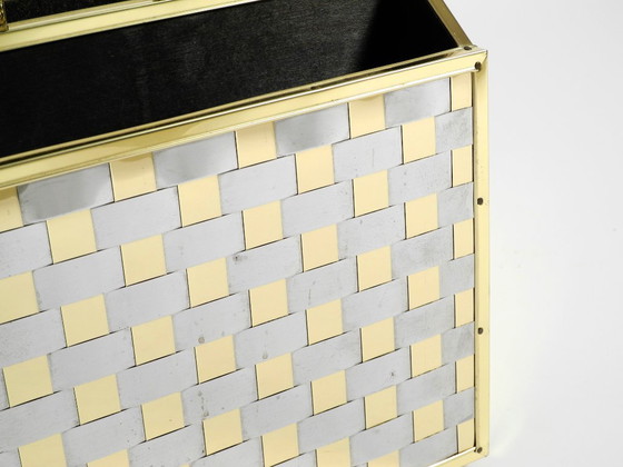 Image 1 of Extraordinary 1980s newspaper rack made of brass and wood in Hollywood Regency design