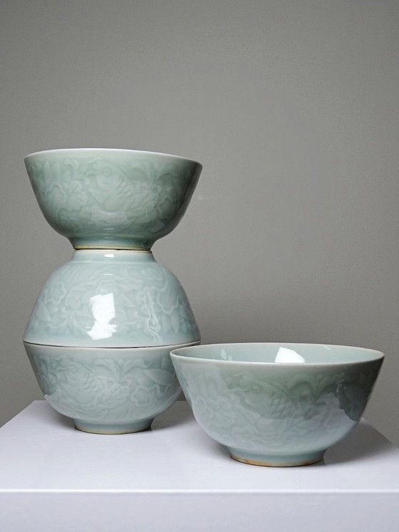 Image 1 of 4 Vintage celadon porcelain Chinese rice bowls from the 1970s-80s with koi carp reliefs