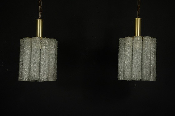 Image 1 of Pair of Murano Glass and Brass Chandeliers in the Style of Toni Zuccheri, Italy 1970s
