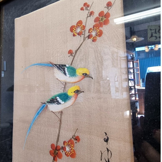 Image 1 of Vintage Chinese painting on silk with 2 birds