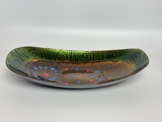 Image 1 of Large mid-century Italian Copper Bowl with Bright Enamel Decorations in warm and vibrant colors by Studio Laurana, Pesaro Italy