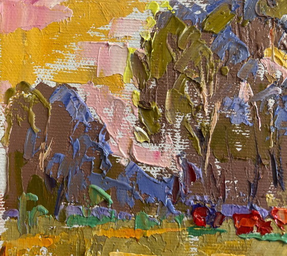 Image 1 of Original Oil Painting Evening Field Landscape Summer meadows and forest