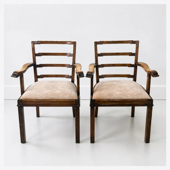 Mid Century Fauteuil Set, 2x Notenhouten Vintage Fauteuils Jaren 40 | Gestoffeerde Houten Stoelen B&F – Wood (photo 3 of 14)