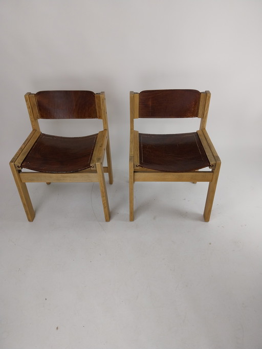 2 x brutalistisches Geschirr Esszimmerstühle aus Leder im Ibisco-Stil der 1970er Jahre