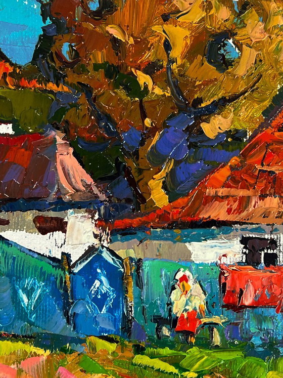 Image 1 of Peinture à l'huile originale : paysage rural, vie à la campagne, réunions dans la cour