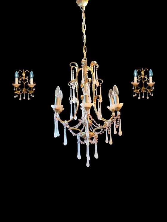Image 1 of Murano-style pink opal glass lighting set – 6-light chandelier + 2 wall lights