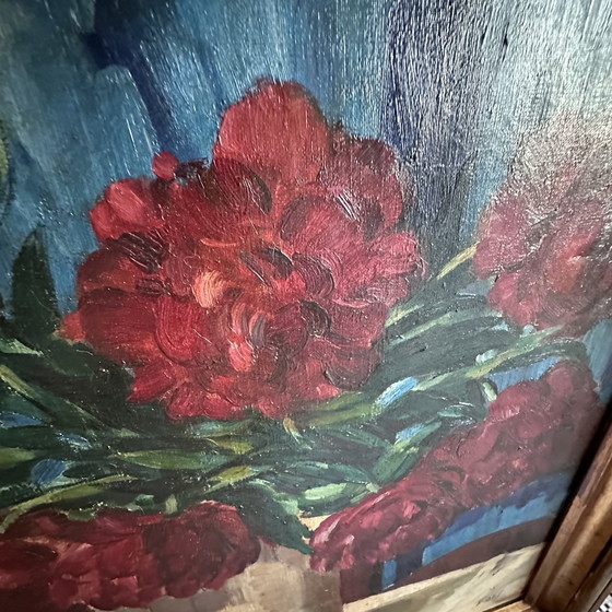 Image 1 of Vintage Oil Painting – Red Peonies in White Jug, Signed FAE, Expressive Floral Still Life, Belgian School Framed Artwork, 20th C