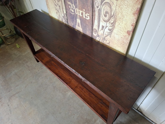 Teakhouten sidetable, haltafel, wandconsole afm. 170x40cm en 78cm hoog. – Wood (photo 5 of 6)