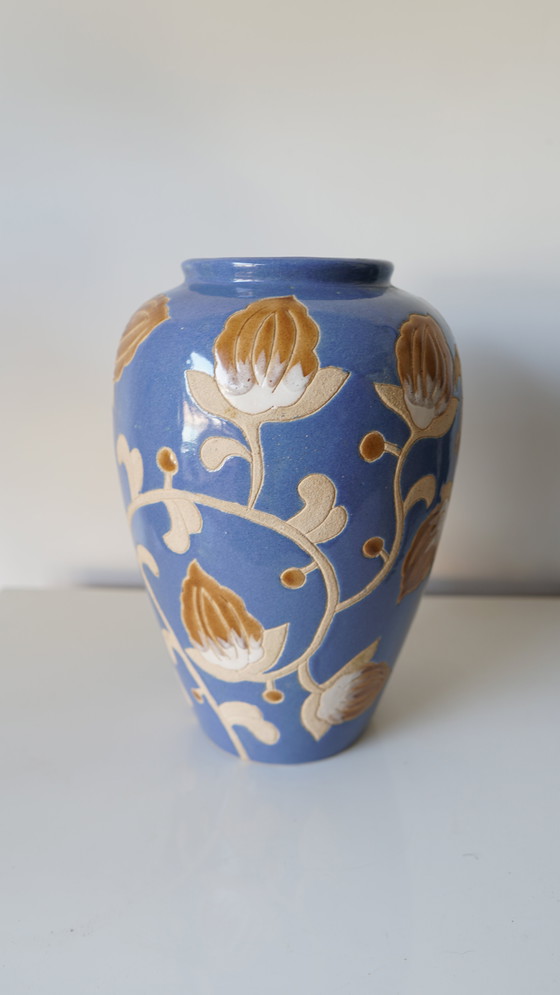 Image 1 of Vase En Grès Vernissé - Décor Floral En Relief - Style Keramis - Années 70/80