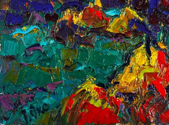 Image 1 of Original Oil Painting Summer Night Landscape Silence shining with a silver sky