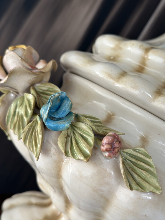Image 1 of Vintage Baroque-Style Ceramic Lidded Bowl with Hand-Applied Flowers