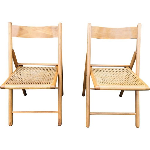 Coppia di sedie pieghevoli vintage in legno curvato e intreccio di rattan per Habitat, 1970-1980