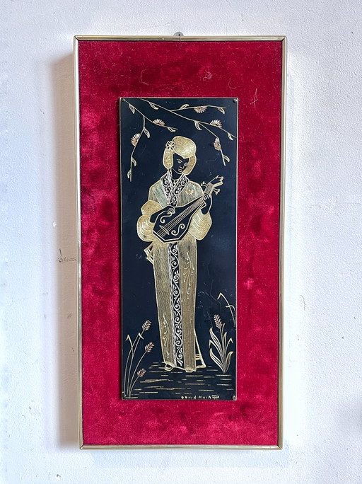 Vintage Hand Engraved Painting A. Darcis / Mid-Century Engraved Art Panel – wanddecoratie, Metal, Velvet