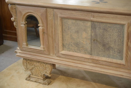 Large buffet with 4 doors in cerused oak, eglomisé mirror and 1950s leather. – Storage cabinet, Wood, Vintage (photo 8 of 16)