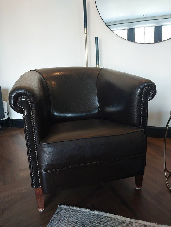 Image 1 of 2 Leren clubfauteuils – vintage / industrieel – echt leer – donkerbruin