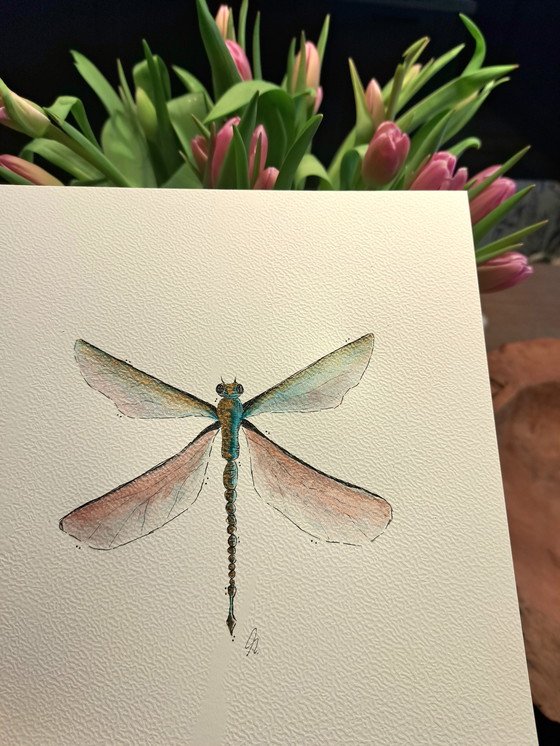 Image 1 of Watercolor painting of a dragonfly with a mother-of-pearl effect | Gold-colored frame