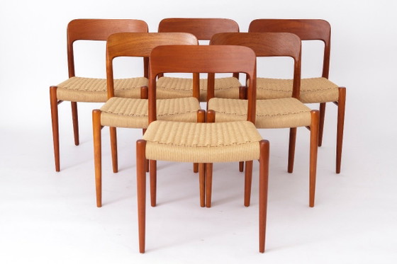 Grote set van 8 Niels Otto Møller teakhouten eetkamerstoelen – model 75 (jaren 1950), Deense zittingen van (photo 3 of 15)