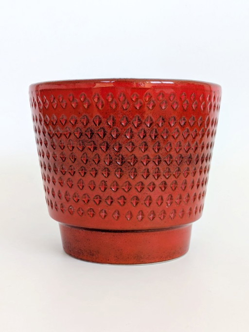 Large Vintage West German Pottery Planter, Bright Red Mid-Century Flower Pot, Strawberry Texture