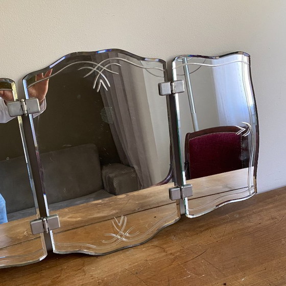 Image 1 of Miroir triptyque de barbier. 1950. Biseauté. 