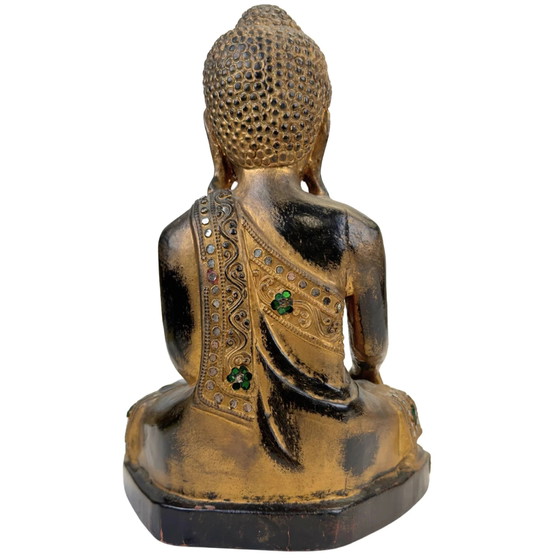 Birmaans verguld houten Boeddha met glasinleg – Mandalay-stijl Myanmar – Beeldhouwkunst, Wood, Gold (photo 5 of 11)