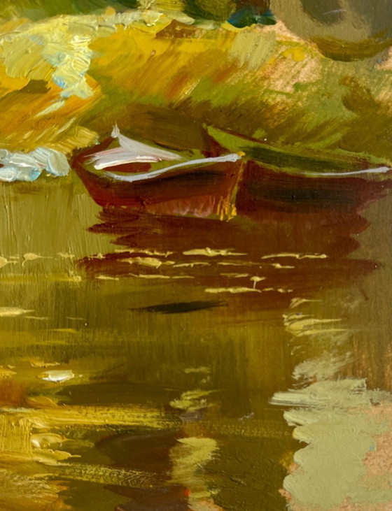 Image 1 of Original Oil Painting Coastal Lake Landscape Silence in nature near the lake