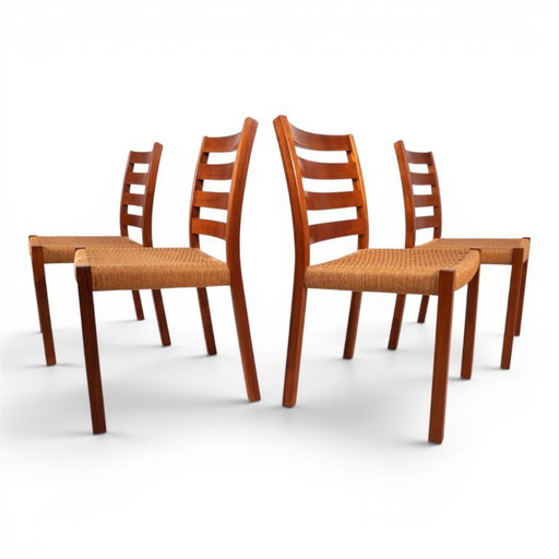 Niels Otto Møller Modèle 408, Ensemble de 4 chaises de salle à manger en teck Papercord pour J.L. Møllers, 1975