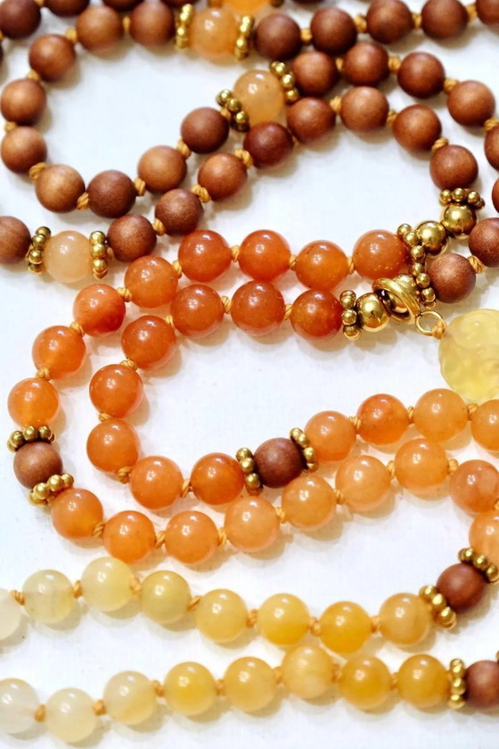 Image 1 of Aventurine & Sandalwood Mala Bead Necklace: 18K Gold-Plated Accents