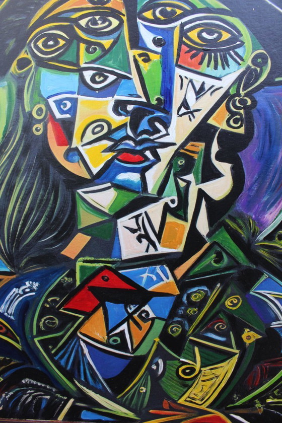 Image 1 of Contemporary Cubist Style Figurative Acrylic Modernistic Painting After Pablo Picasso, Circa 1980