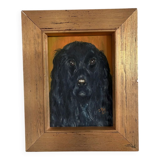Portrait de chien original vintage, peinture à l'huile signée, art animalier