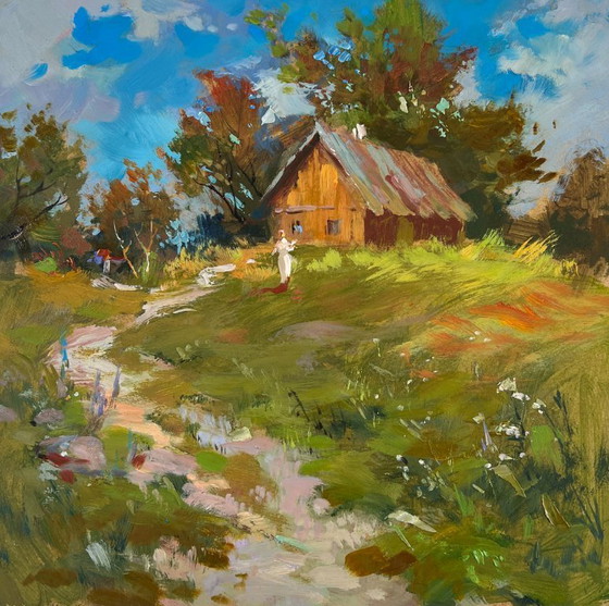 Image 1 of Original Oil Painting Summer Nature Landscape House on the hill