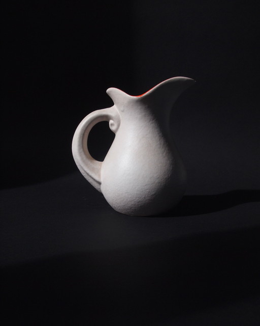 Signed Ceramic Jug, Glazed in Satin White and Glossy Orange on the Inside