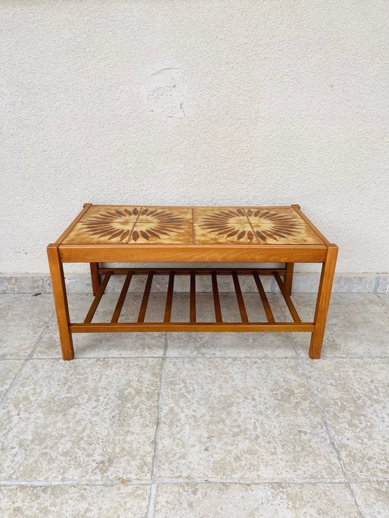 Image 1 of Vintage teak and ceramic coffee table with sun motif, 1960