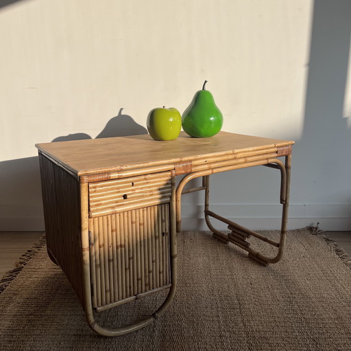 Rattan-Bambus-Schreibtisch im Mid-Century-Vintage-Stil