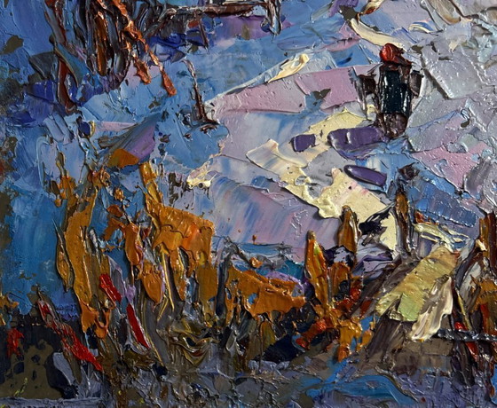 Image 1 of Original Oil Painting Winter Houses Landscape Snowy road in the village
