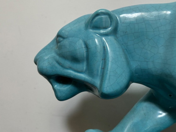 Image 1 of Gran puma de cerámica, intacto, turquesa, original Art Déco 1920-1939 L&V Ceram