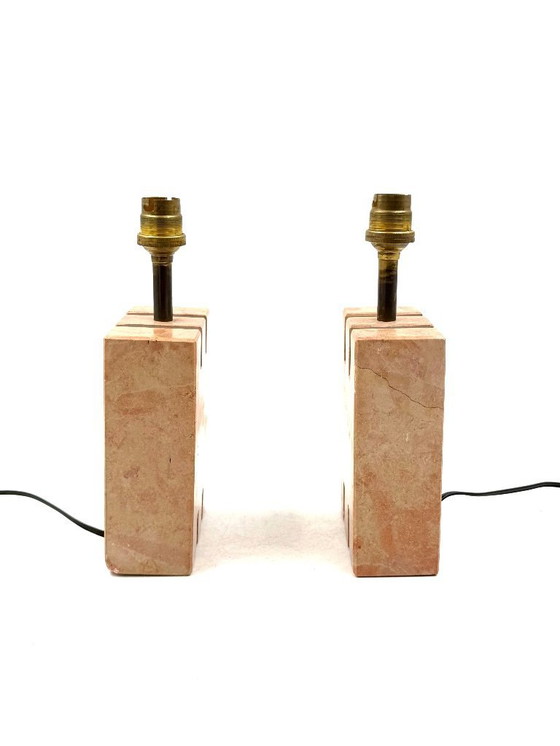 Image 1 of Juego de 2 lámparas de sobremesa de mármol rosa Hollywood regency, Francia años 70