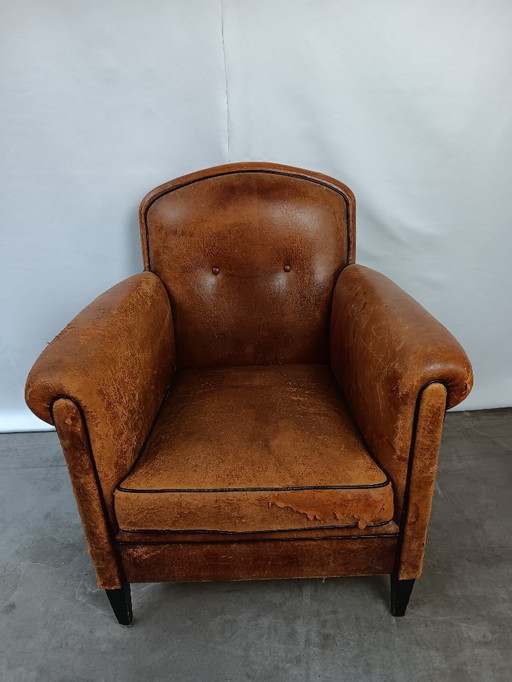 Vintage schaaplederen club stoel-rauwe patina, Mancave essential