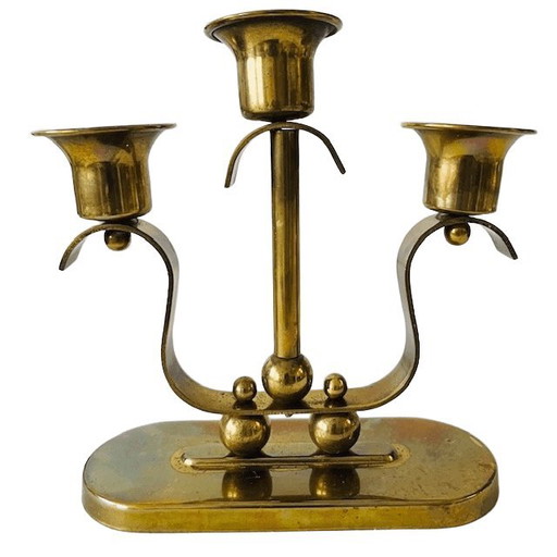 Candelabro antiguo Art Déco de latón de tres brazos, década de 1920.