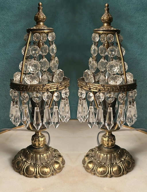 2 Pieces Vintage Crystal Pocket Chandeliers Table Lamps