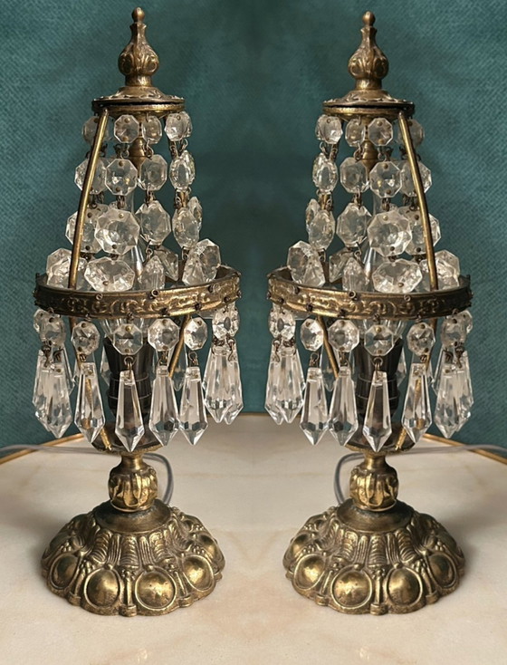 Image 1 of 2 Pieces Vintage Crystal Pocket Chandeliers Table Lamps