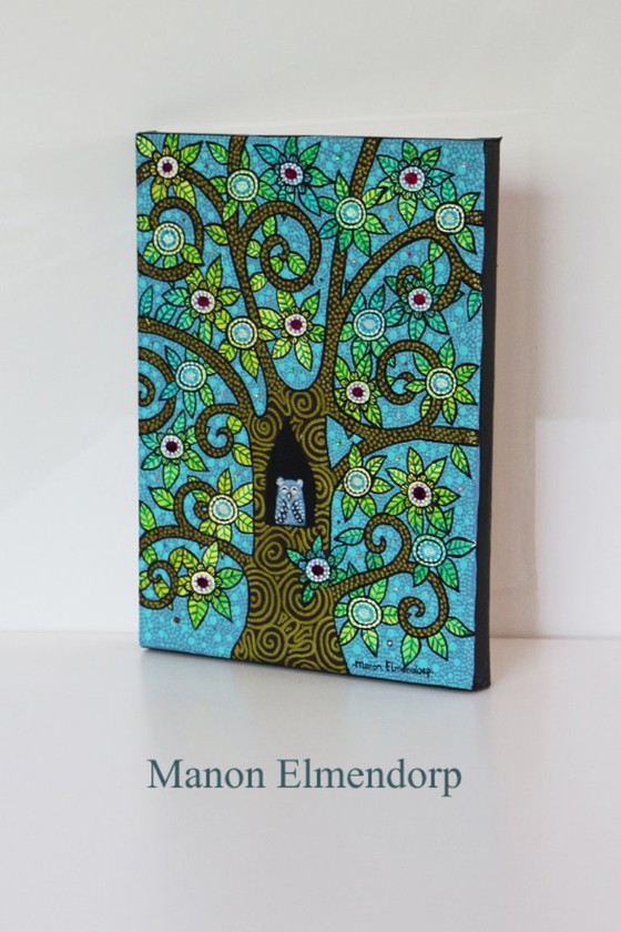 Image 1 of Unique Hand-painted Painting Owl in Tree 18x24 cm