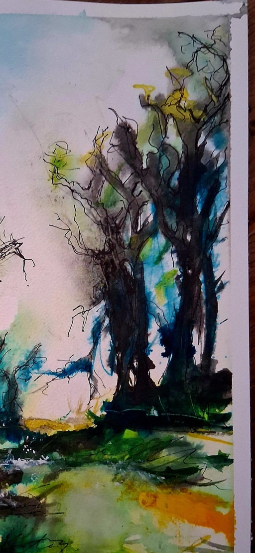 Vieux arbres au printemps, aquarelle et encre sur papier aquarelle