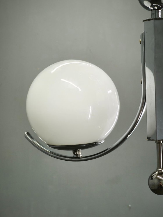 1930s Art Deco Chrome and Opaline Glass Two-Light Chandelier, Czechoslovakia, Metal, Silver (photo 5 of 10)
