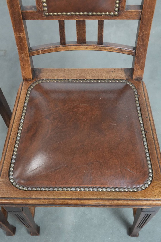 Image 1 of 4 x Antique Oak Dining Chairs in Art Nouveau Style with Cognac-Colored Cowhide Leather