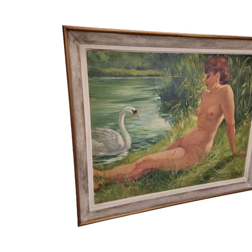 Peinture ancienne de Lena et le cygne datant de 1956