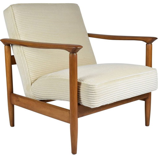 Poltrona vintage in teak, lucidatura in corda color crema, anni '60