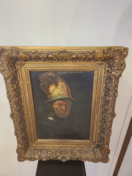 Image 1 of Pintura al óleo antigua - "El hombre del casco de oro" - Según Rembrandt van Rijn - ca. 1900 - Incluye marco barroco monumental