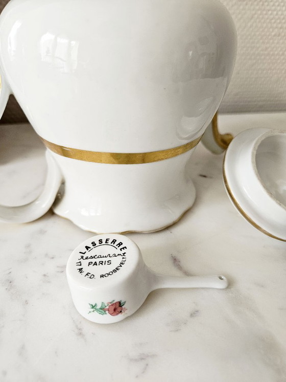 Image 1 of Juego de té de lujo con accesorios, Restaurante Lasserre París, fina porcelana bañada en oro y cristal Paşabahçe.