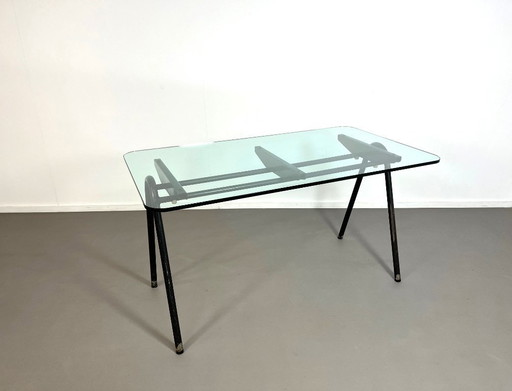 Industrial desk with glass top from France, 1960s