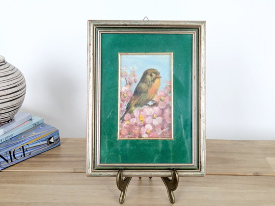 Image 1 of Vintage Robin Oil Painting, Blossoms, Green Velvet Mat, Signed